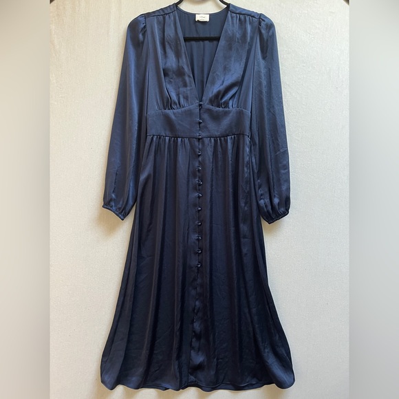 Wilfred Dresses & Skirts - Aritzia Wilfred Navy Satin Button Front Long Sleeve Midi Dress Size S